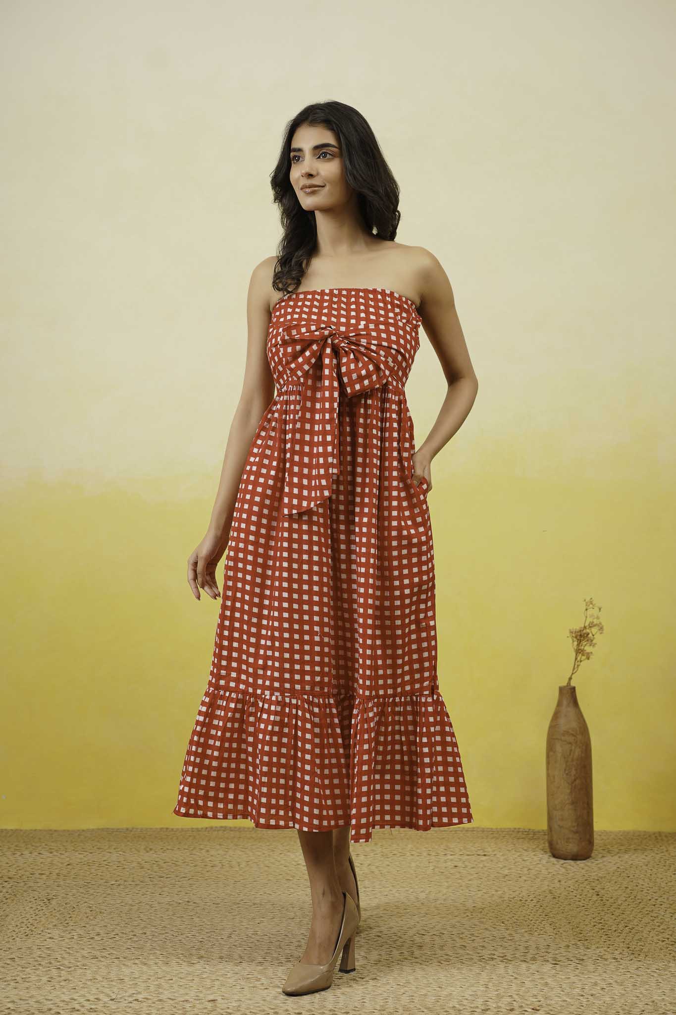 Red Gingham Off Shoulder Long Dress