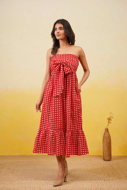 Red Gingham Off Shoulder Long Dress