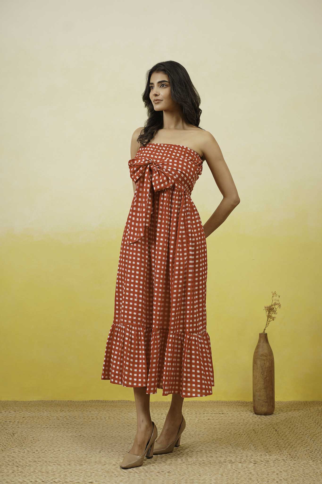 Red Gingham Off Shoulder Long Dress