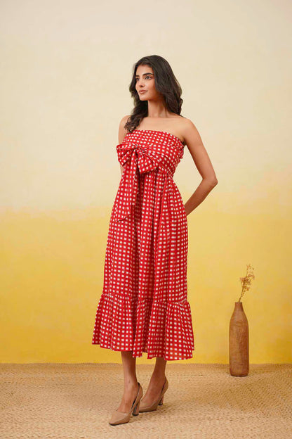 Red Gingham Off Shoulder Long Dress