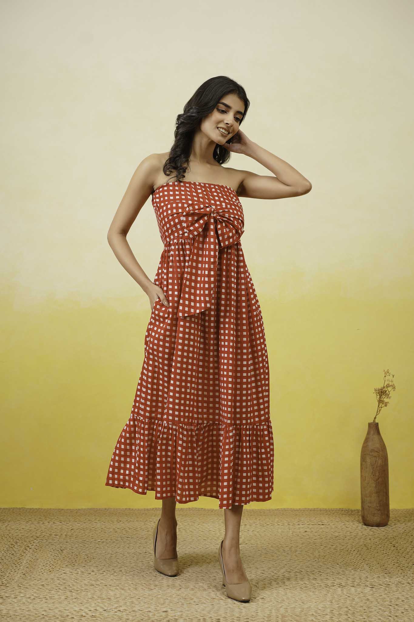 Red Gingham Off Shoulder Long Dress