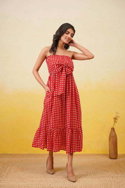 Red Gingham Off Shoulder Long Dress