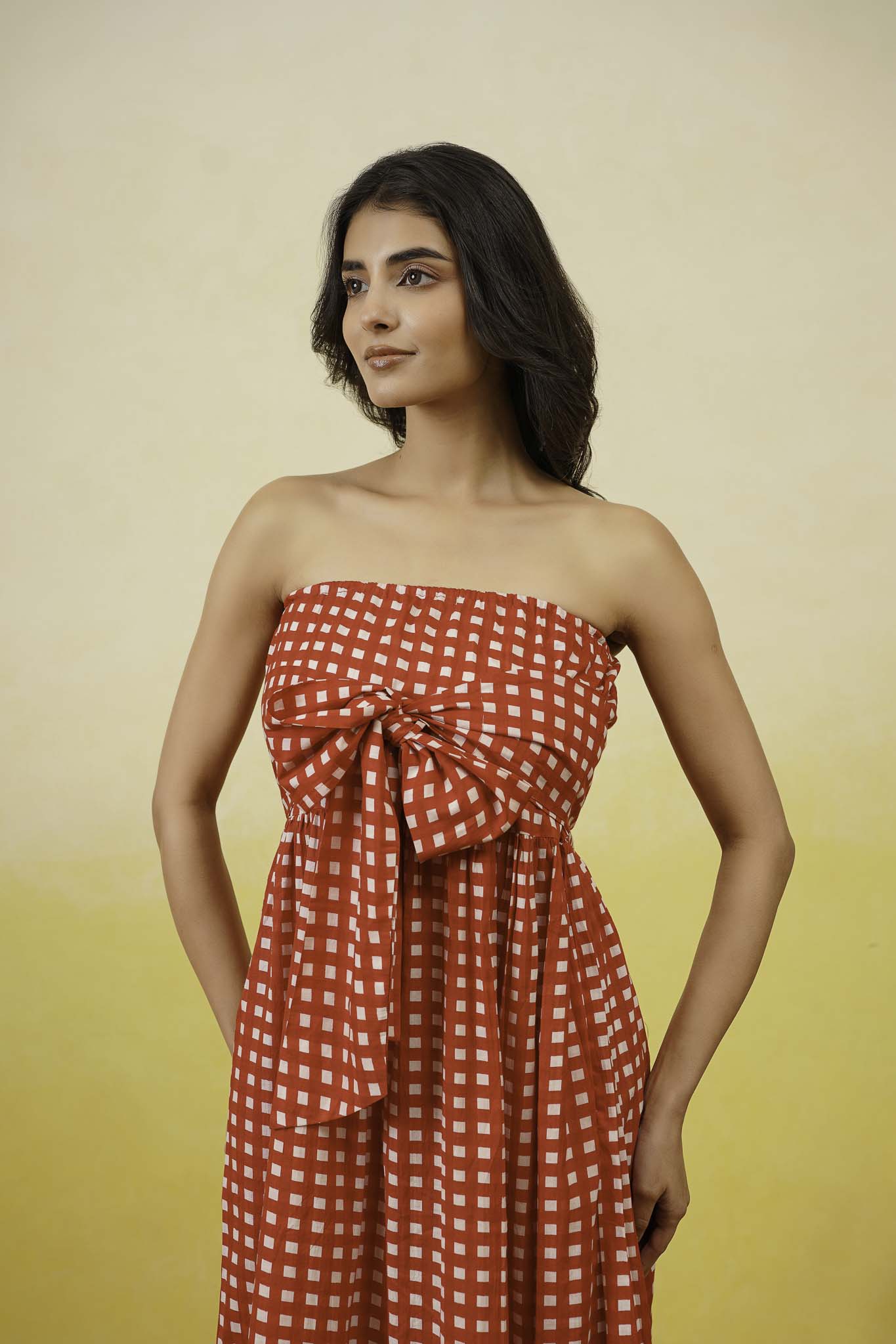 Red Gingham Off Shoulder Long Dress