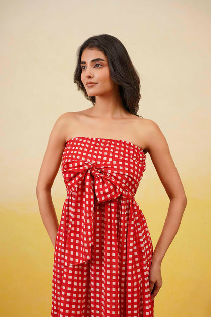 Red Gingham Off Shoulder Long Dress