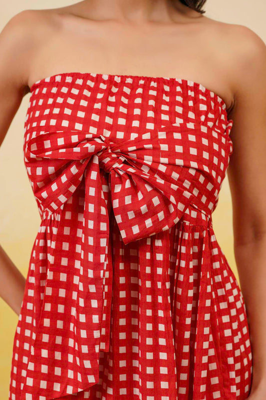 Red Gingham Off Shoulder Long Dress
