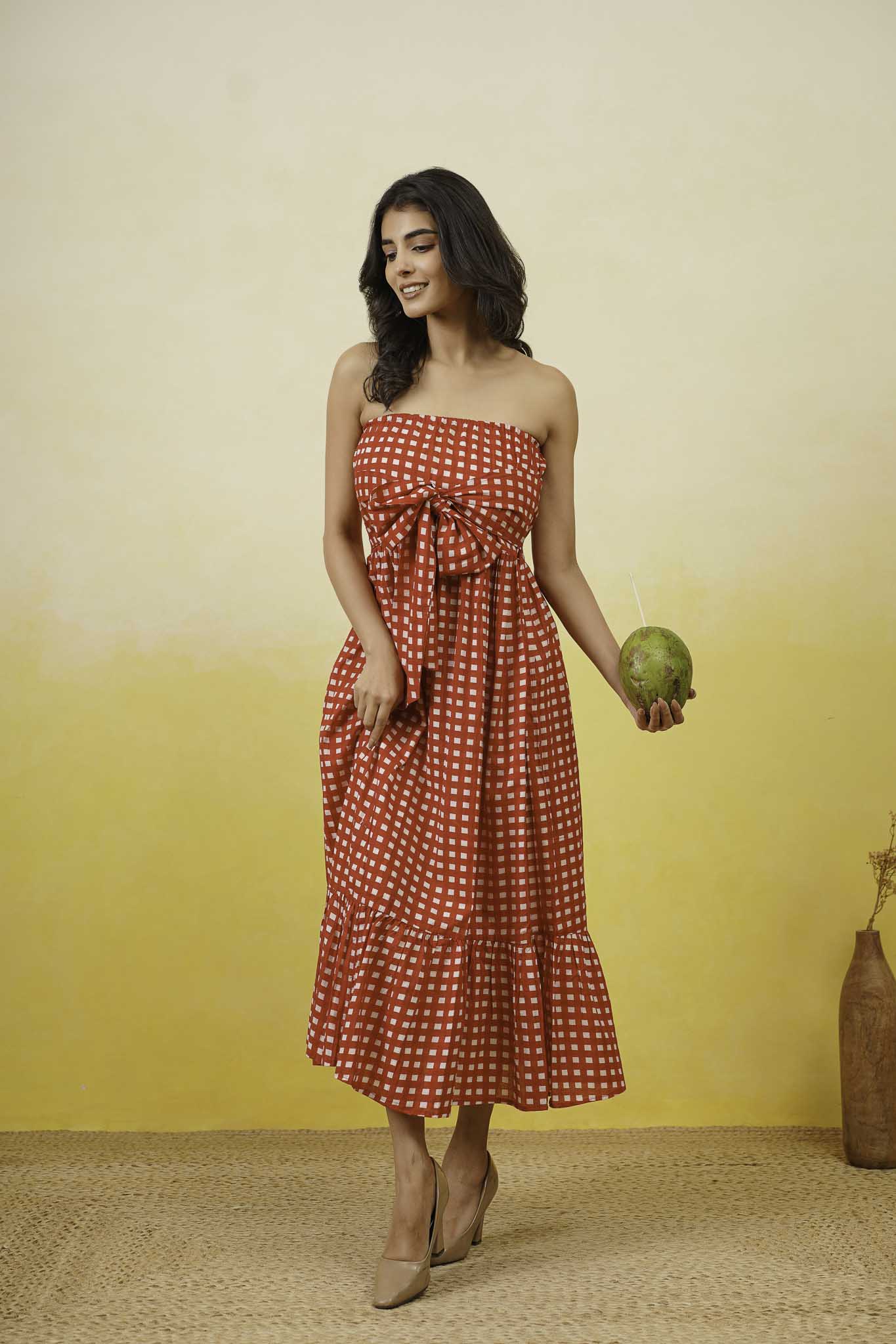 Red Gingham Off Shoulder Long Dress