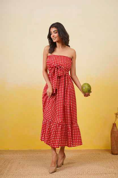 Red Gingham Off Shoulder Long Dress