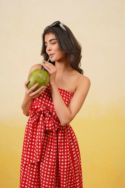 Red Gingham Off Shoulder Long Dress