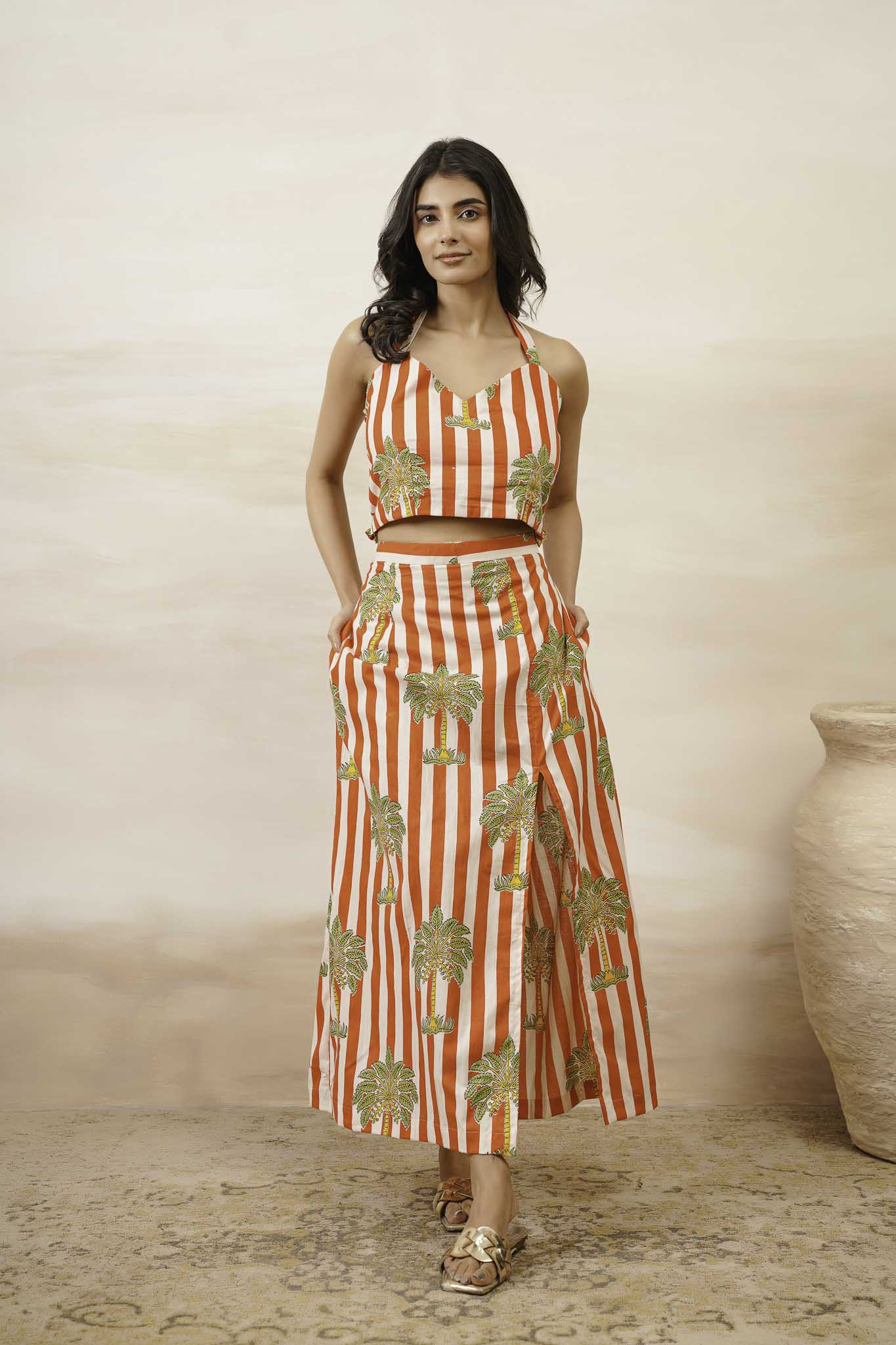 Palm Print Skirt With Crop Top