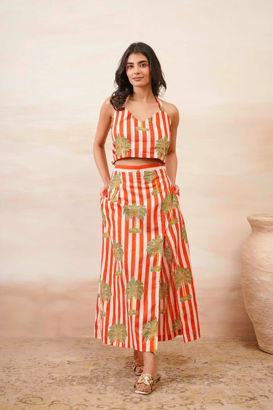 Palm Print Skirt With Crop Top