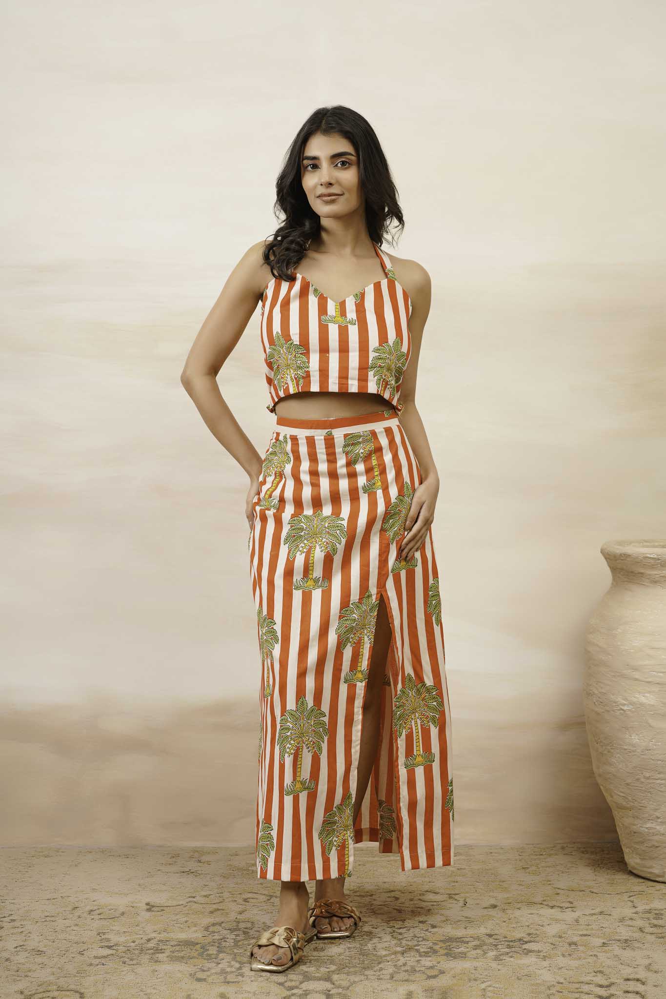 Palm Print Skirt With Crop Top