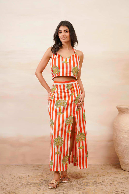 Palm Print Skirt With Crop Top