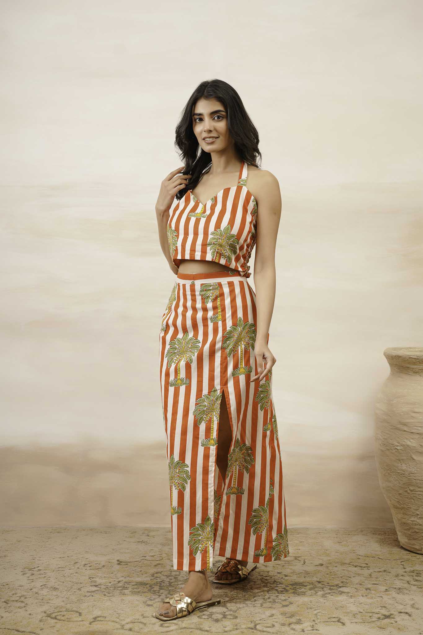 Palm Print Skirt With Crop Top