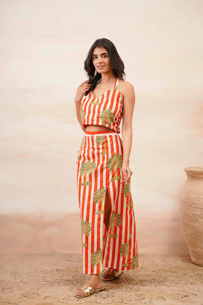 Palm Print Skirt With Crop Top