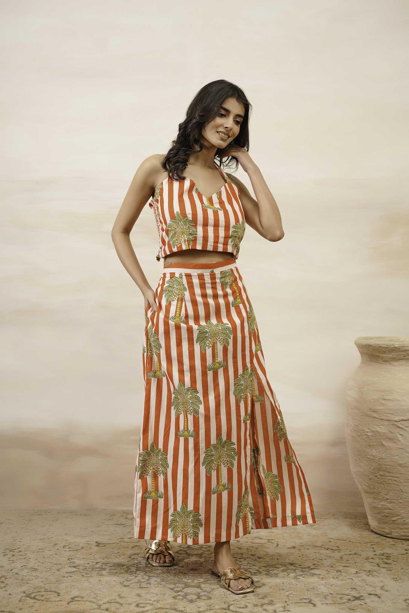 Palm Print Skirt With Crop Top