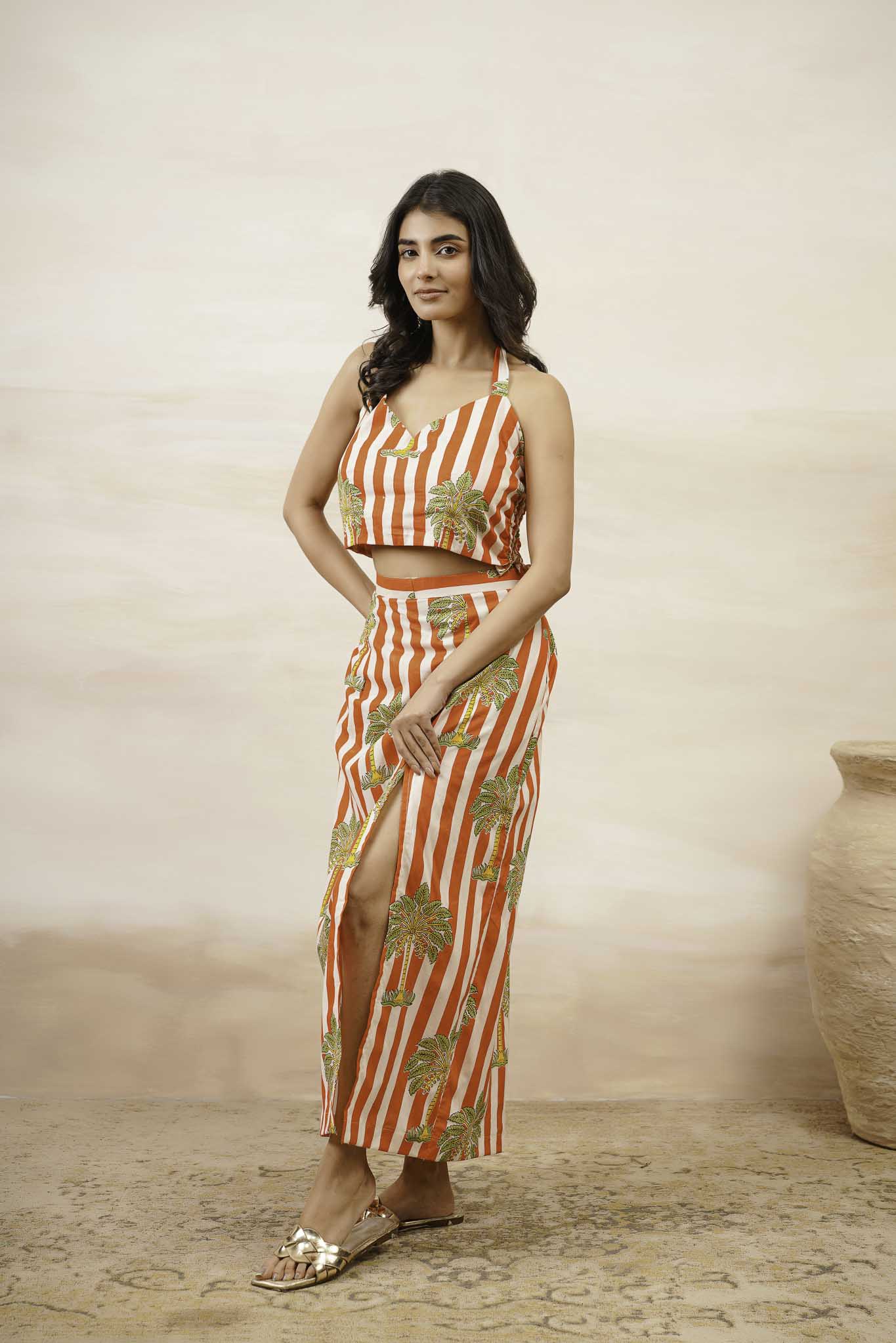 Palm Print Skirt With Crop Top