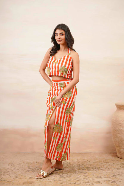 Palm Print Skirt With Crop Top