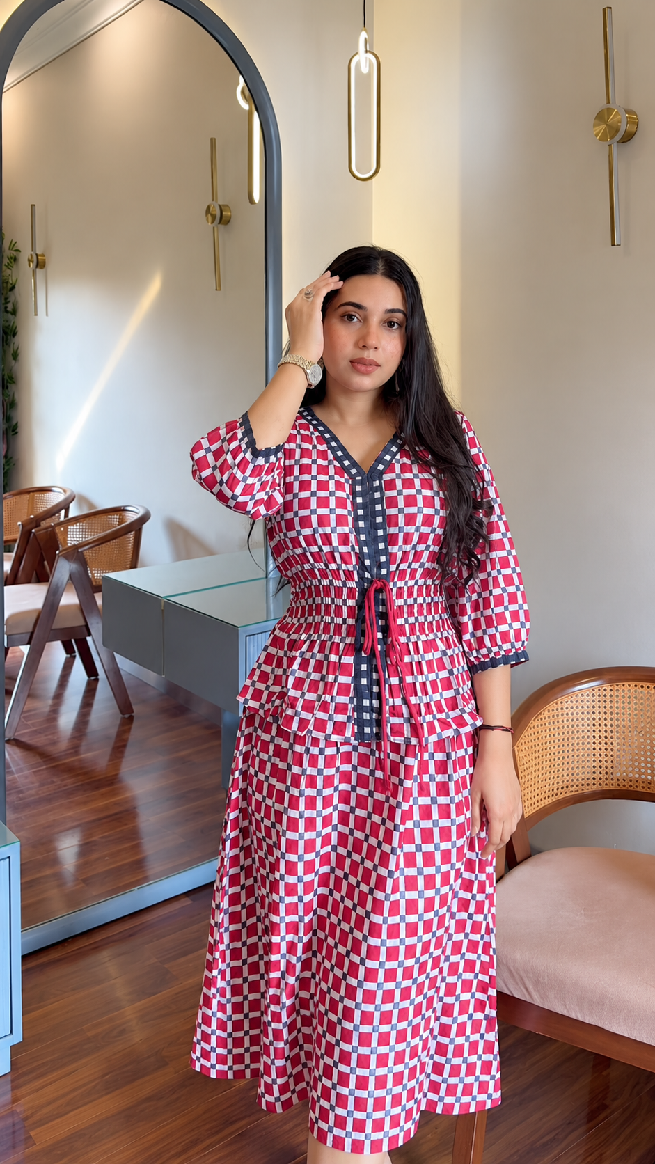 Red & Navy Check Smocked Peplum Top & Skirt Co-ord Set