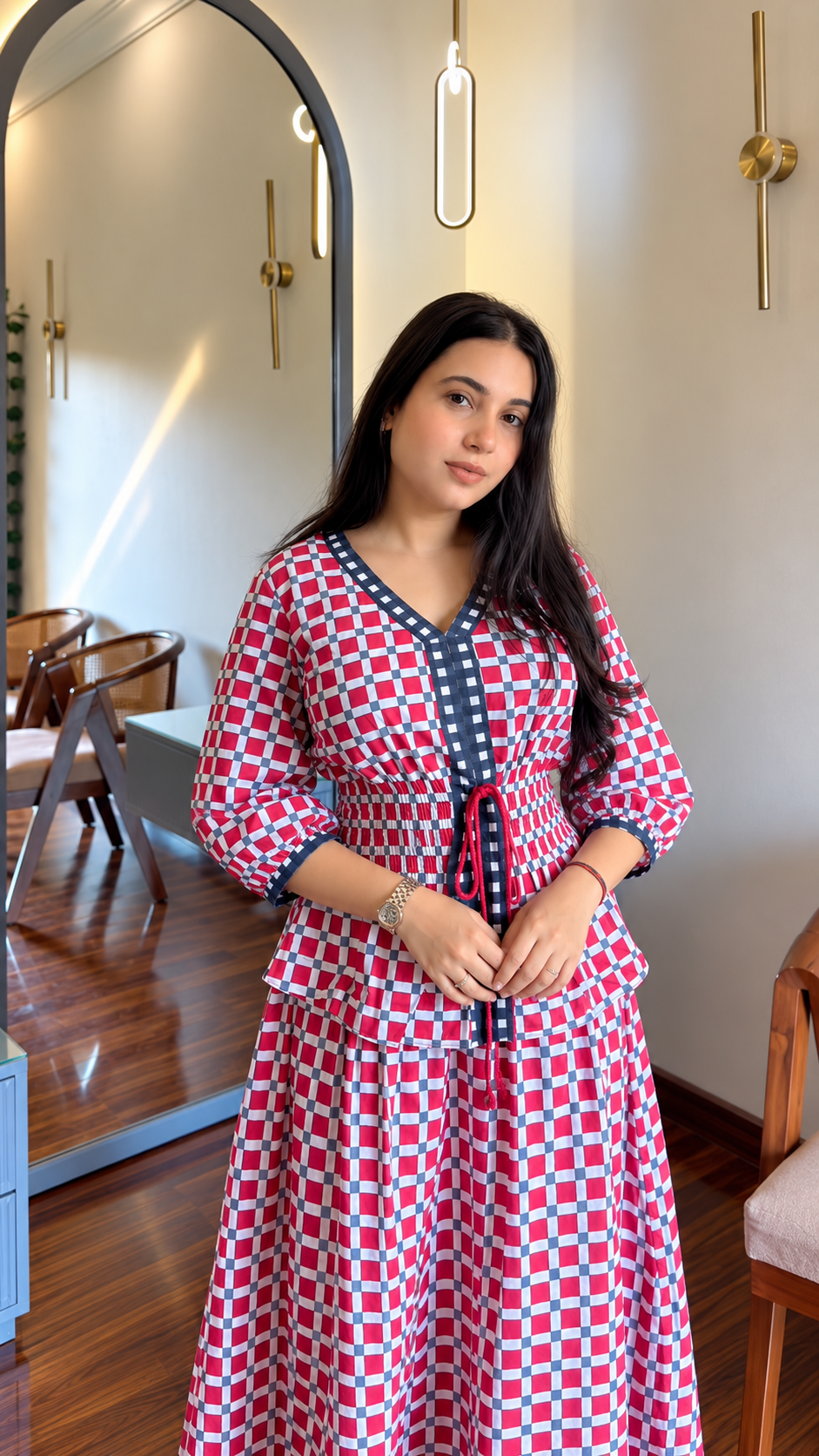 Red & Navy Check Smocked Peplum Top & Skirt Co-ord Set