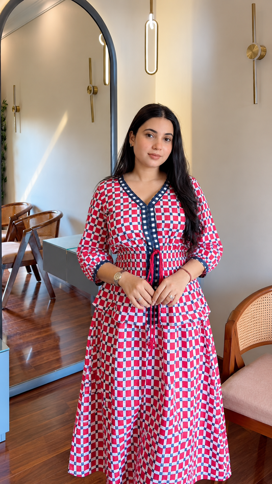 Red & Navy Check Smocked Peplum Top & Skirt Co-ord Set