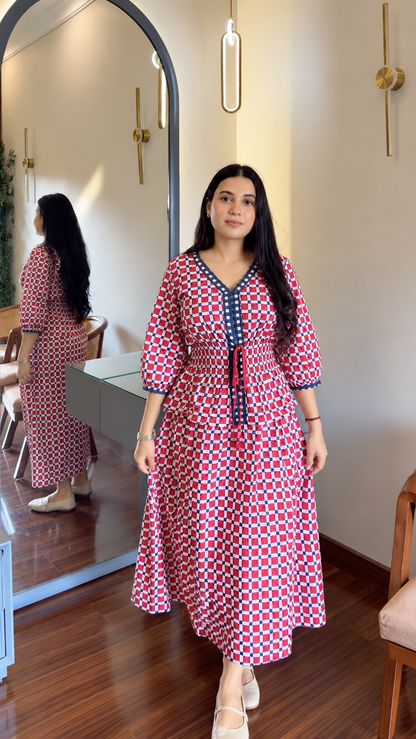 Red & Navy Check Smocked Peplum Top & Skirt Co-ord Set